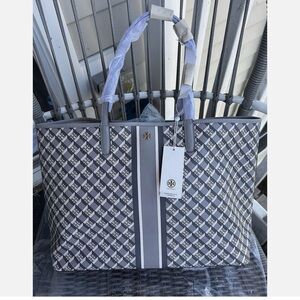 NWT Tory Burch 89762 Geo Logo With Stripe Tote In GRAY Canvas Leather Bag